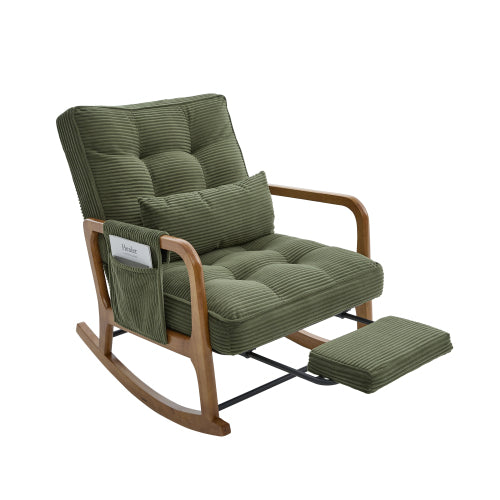Modern rocking chair with footrest, corduroy baby armchair with side pockets, ergonomic leisure chair with lumbar cushion & adjustable backrest – suitable for living room, bedroom, and children's room (gray corduroy).