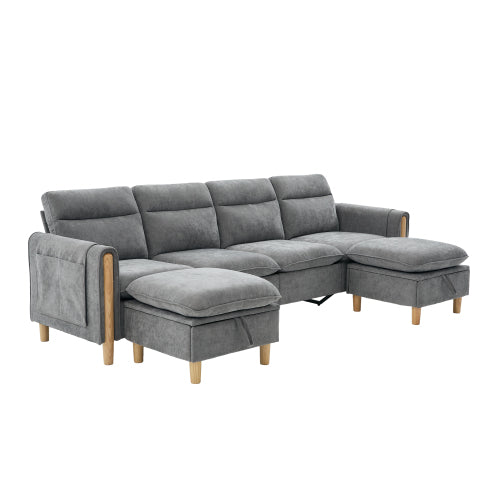 Large U-shaped sofa set with two storage ottomans; modular four-seater sofa with wooden table legs; comfortable fabric sofa, ideal for the living room and family area