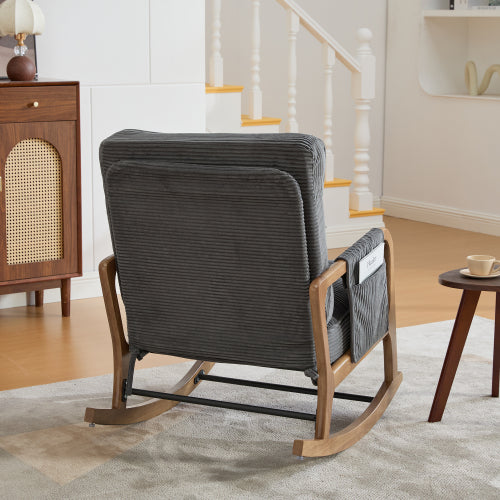 Modern rocking chair with footrest, corduroy baby armchair with side pockets, ergonomic leisure chair with lumbar cushion & adjustable backrest – suitable for living room, bedroom, and children's room (gray corduroy).