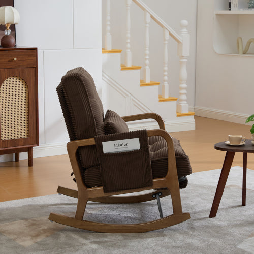 Modern rocking chair with footrest, corduroy baby armchair with side pockets, ergonomic leisure chair with lumbar cushion & adjustable backrest – suitable for living room, bedroom, and children's room (gray corduroy).
