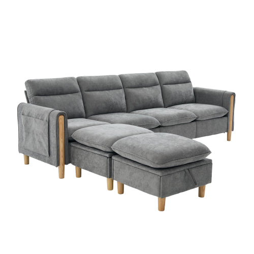 Large U-shaped sofa set with two storage ottomans; modular four-seater sofa with wooden table legs; comfortable fabric sofa, ideal for the living room and family area