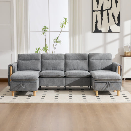 Large U-shaped sofa set with two storage ottomans; modular four-seater sofa with wooden table legs; comfortable fabric sofa, ideal for the living room and family area