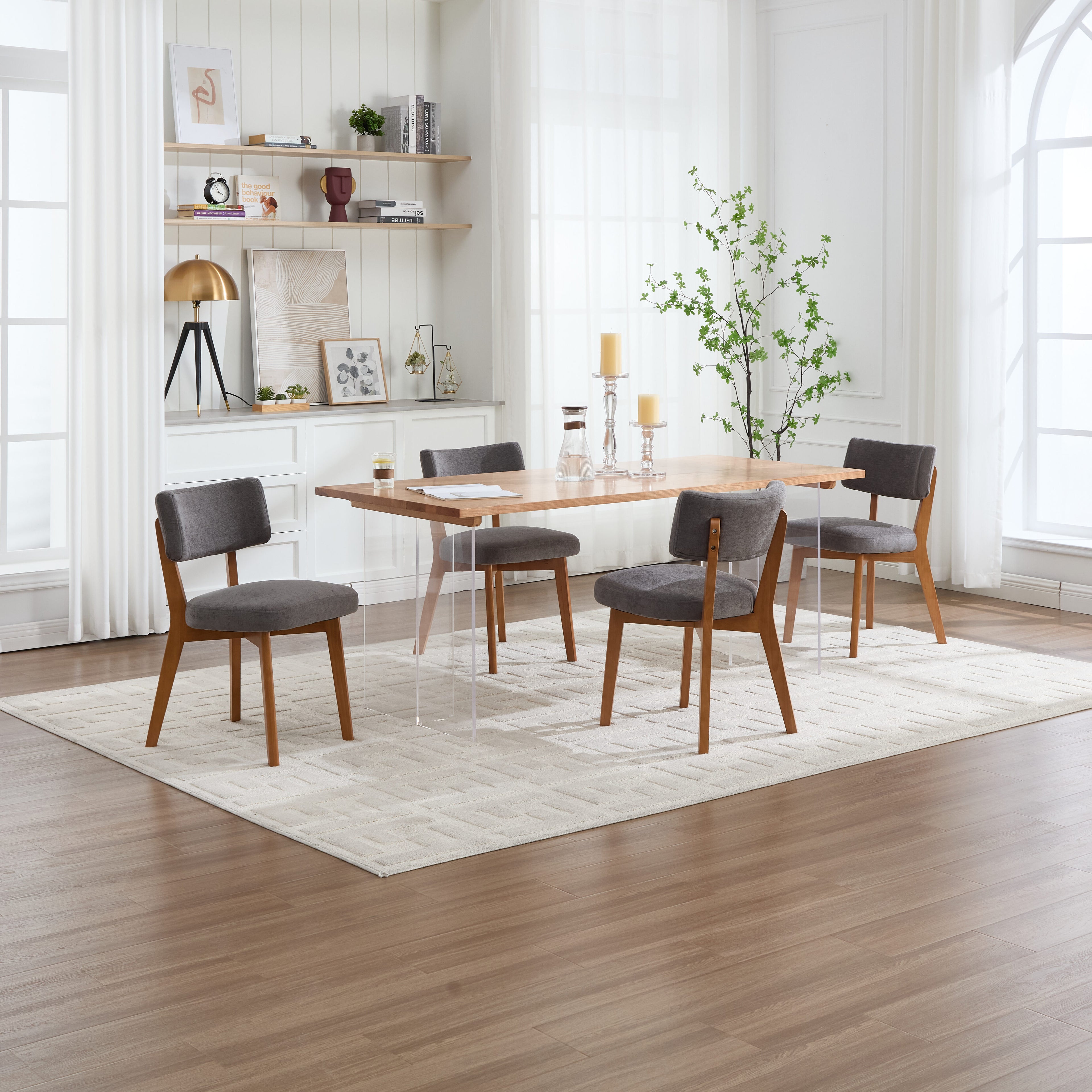 Modern Mid-Century Style Dining Chairs Set of 2, Solid Wood Legs, Fabric Upholstered Seat for Kitchen, Dining Room, or Office