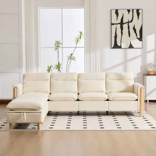 Large U-shaped sofa set with two storage ottomans; modular four-seater sofa with wooden table legs; comfortable fabric sofa, ideal for the living room and family area