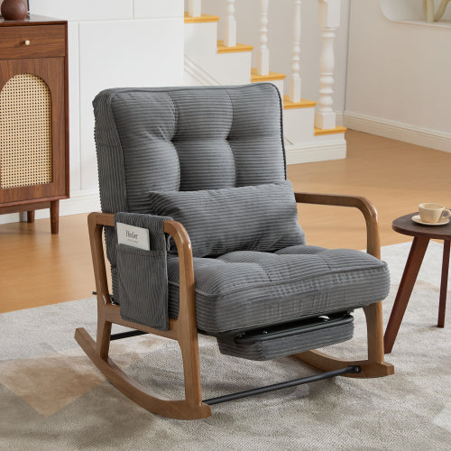 Modern rocking chair with footrest, corduroy baby armchair with side pockets, ergonomic leisure chair with lumbar cushion & adjustable backrest – suitable for living room, bedroom, and children's room (gray corduroy).