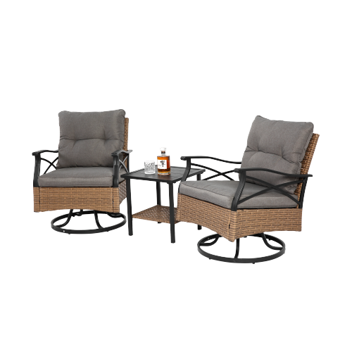 Outdoor swivel rocking chair set, 3 pieces, with 1 table and 2 rocking chairs, support 350 lbs, brown wicker outdoor furniture patio conversation set