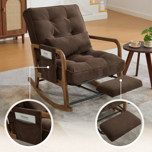 Modern rocking chair with footrest, corduroy baby armchair with side pockets, ergonomic leisure chair with lumbar cushion & adjustable backrest – suitable for living room, bedroom, and children's room (gray corduroy).