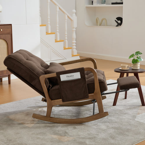 Modern rocking chair with footrest, corduroy baby armchair with side pockets, ergonomic leisure chair with lumbar cushion & adjustable backrest – suitable for living room, bedroom, and children's room (gray corduroy).