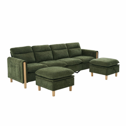 Large U-shaped sofa set with two storage ottomans; modular four-seater sofa with wooden table legs; comfortable fabric sofa, ideal for the living room and family area