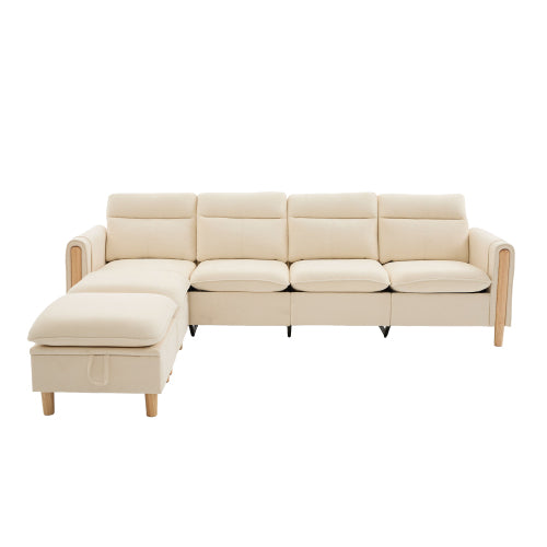 Large U-shaped sofa set with two storage ottomans; modular four-seater sofa with wooden table legs; comfortable fabric sofa, ideal for the living room and family area