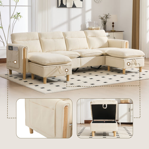 Large U-shaped sofa set with two storage ottomans; modular four-seater sofa with wooden table legs; comfortable fabric sofa, ideal for the living room and family area