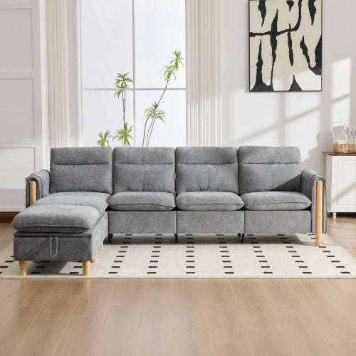 Large U-shaped sofa set with two storage ottomans; modular four-seater sofa with wooden table legs; comfortable fabric sofa, ideal for the living room and family area