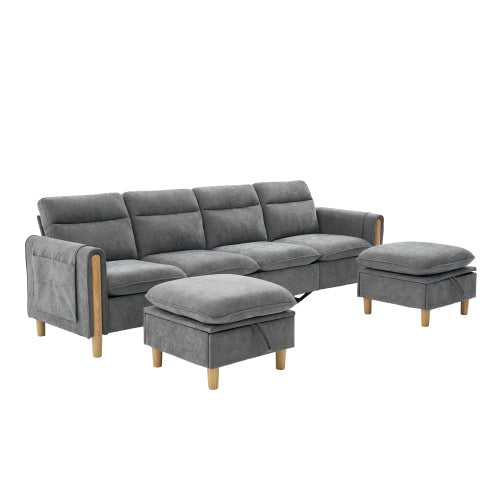 Large U-shaped sofa set with two storage ottomans; modular four-seater sofa with wooden table legs; comfortable fabric sofa, ideal for the living room and family area