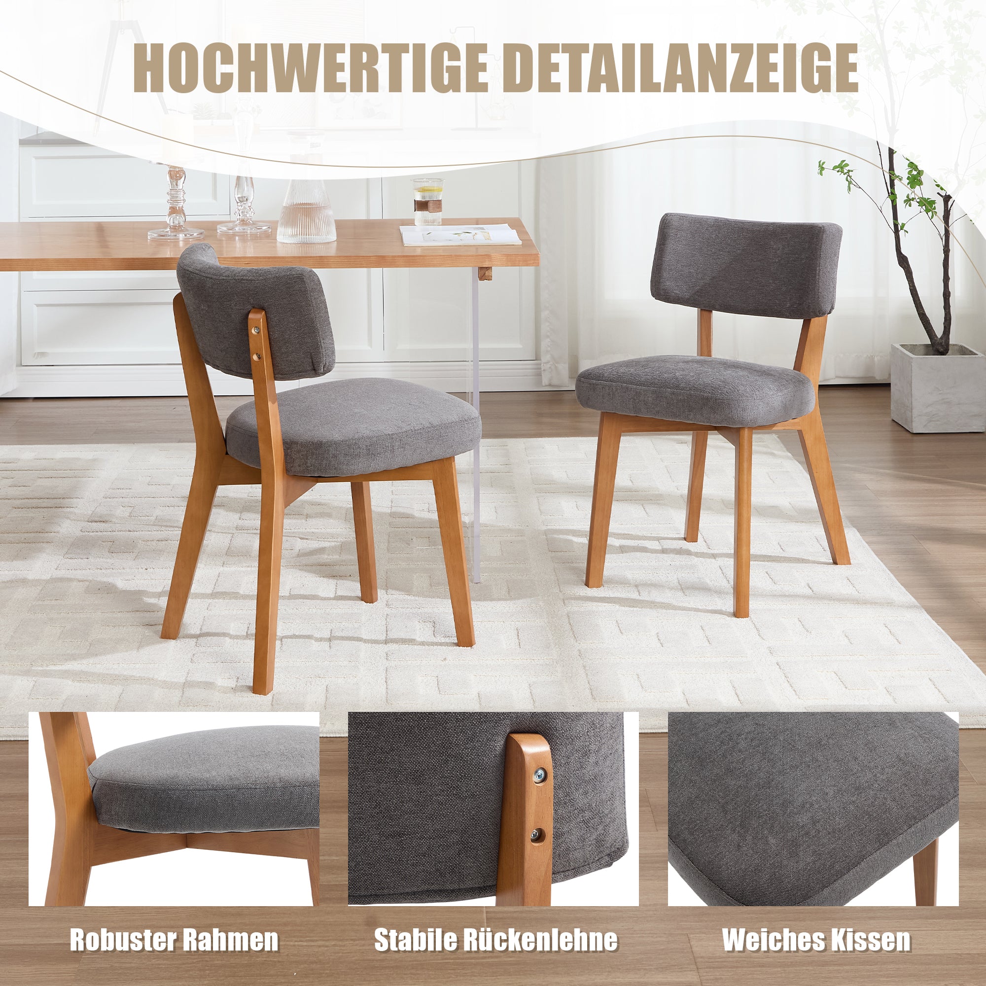 Modern Mid-Century Style Dining Chairs Set of 2, Solid Wood Legs, Fabric Upholstered Seat for Kitchen, Dining Room, or Office