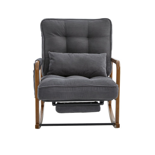 Modern rocking chair with footrest, corduroy baby armchair with side pockets, ergonomic leisure chair with lumbar cushion & adjustable backrest – suitable for living room, bedroom, and children's room (gray corduroy).
