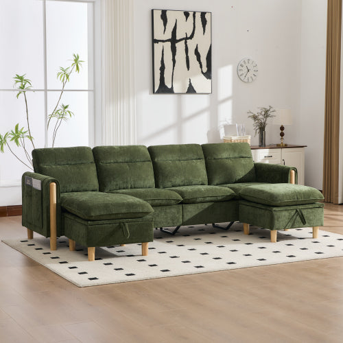 Large U-shaped sofa set with two storage ottomans; modular four-seater sofa with wooden table legs; comfortable fabric sofa, ideal for the living room and family area