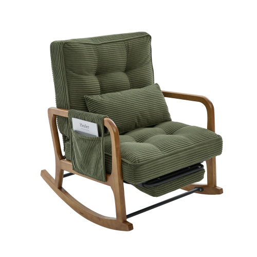 Modern rocking chair with footrest, corduroy baby armchair with side pockets, ergonomic leisure chair with lumbar cushion & adjustable backrest – suitable for living room, bedroom, and children's room (gray corduroy).