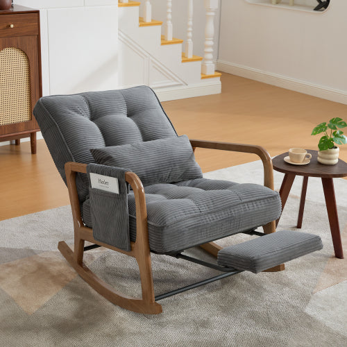 Modern rocking chair with footrest, corduroy baby armchair with side pockets, ergonomic leisure chair with lumbar cushion & adjustable backrest – suitable for living room, bedroom, and children's room (gray corduroy).