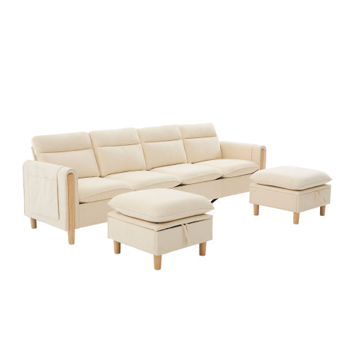 Large U-shaped sofa set with two storage ottomans; modular four-seater sofa with wooden table legs; comfortable fabric sofa, ideal for the living room and family area