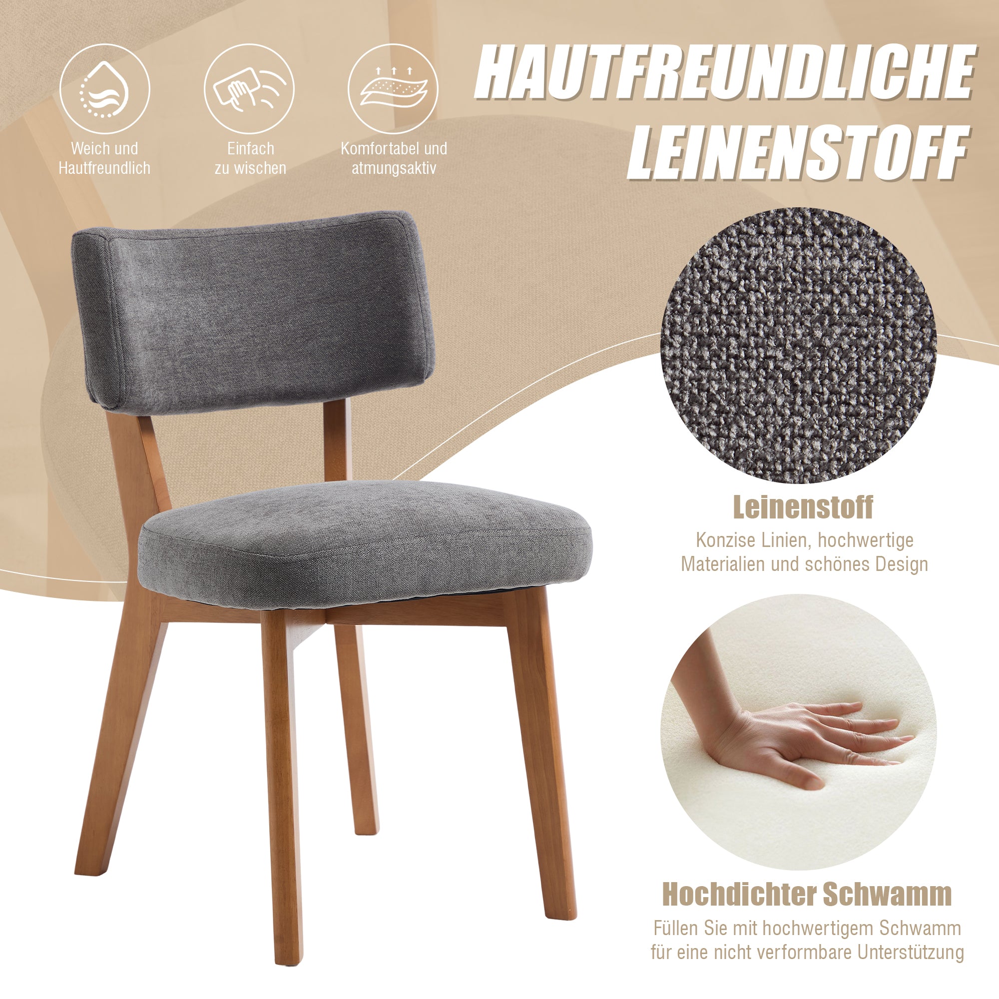 Modern Mid-Century Style Dining Chairs Set of 2, Solid Wood Legs, Fabric Upholstered Seat for Kitchen, Dining Room, or Office
