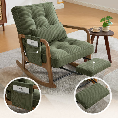 Modern rocking chair with footrest, corduroy baby armchair with side pockets, ergonomic leisure chair with lumbar cushion & adjustable backrest – suitable for living room, bedroom, and children's room (gray corduroy).