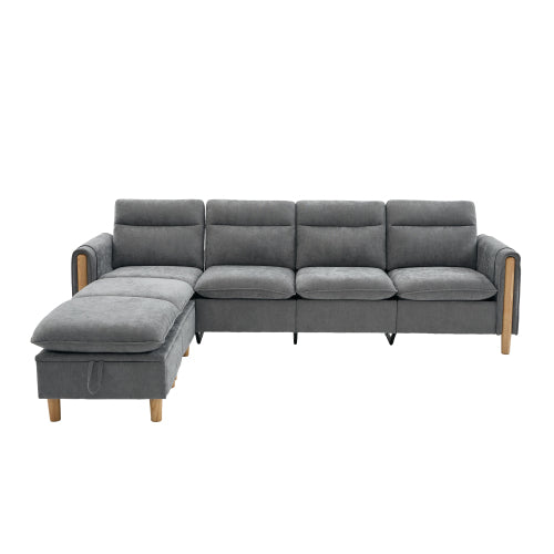 Large U-shaped sofa set with two storage ottomans; modular four-seater sofa with wooden table legs; comfortable fabric sofa, ideal for the living room and family area