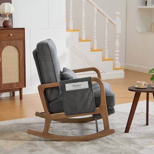 Modern rocking chair with footrest, corduroy baby armchair with side pockets, ergonomic leisure chair with lumbar cushion & adjustable backrest – suitable for living room, bedroom, and children's room (gray corduroy).