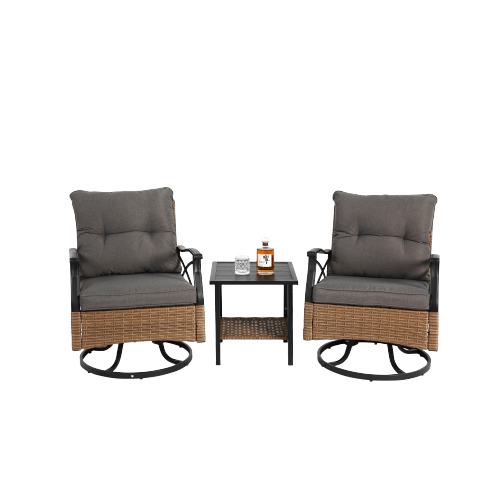 Outdoor swivel rocking chair set, 3 pieces, with 1 table and 2 rocking chairs, support 350 lbs, brown wicker outdoor furniture patio conversation set