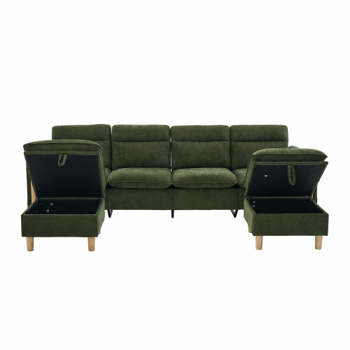 Large U-shaped sofa set with two storage ottomans; modular four-seater sofa with wooden table legs; comfortable fabric sofa, ideal for the living room and family area