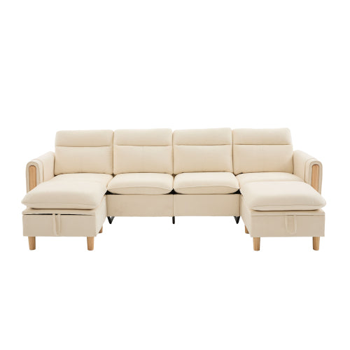 Large U-shaped sofa set with two storage ottomans; modular four-seater sofa with wooden table legs; comfortable fabric sofa, ideal for the living room and family area