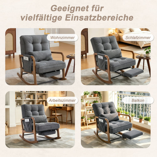 Modern rocking chair with footrest, corduroy baby armchair with side pockets, ergonomic leisure chair with lumbar cushion & adjustable backrest – suitable for living room, bedroom, and children's room (gray corduroy).