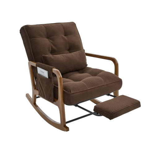 Modern rocking chair with footrest, corduroy baby armchair with side pockets, ergonomic leisure chair with lumbar cushion & adjustable backrest – suitable for living room, bedroom, and children's room (gray corduroy).