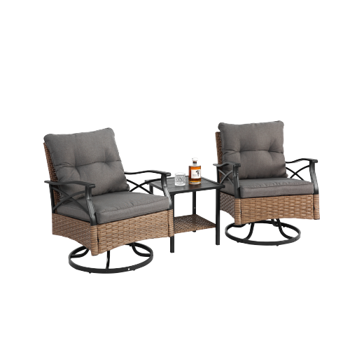 Outdoor swivel rocking chair set, 3 pieces, with 1 table and 2 rocking chairs, support 350 lbs, brown wicker outdoor furniture patio conversation set