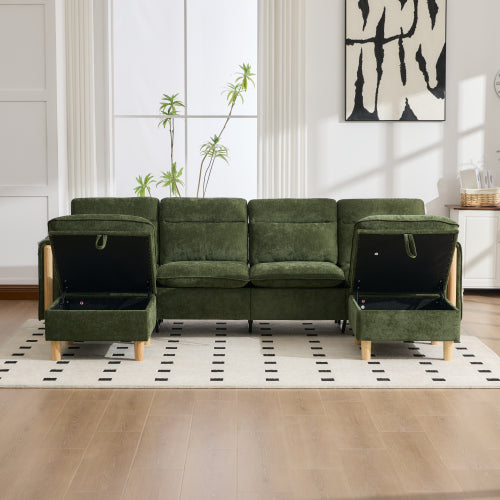 Large U-shaped sofa set with two storage ottomans; modular four-seater sofa with wooden table legs; comfortable fabric sofa, ideal for the living room and family area