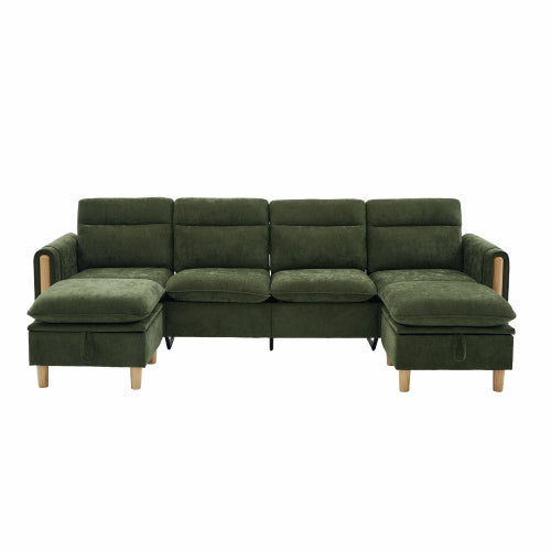 Large U-shaped sofa set with two storage ottomans; modular four-seater sofa with wooden table legs; comfortable fabric sofa, ideal for the living room and family area