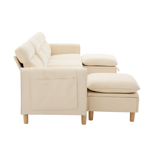 Large U-shaped sofa set with two storage ottomans; modular four-seater sofa with wooden table legs; comfortable fabric sofa, ideal for the living room and family area