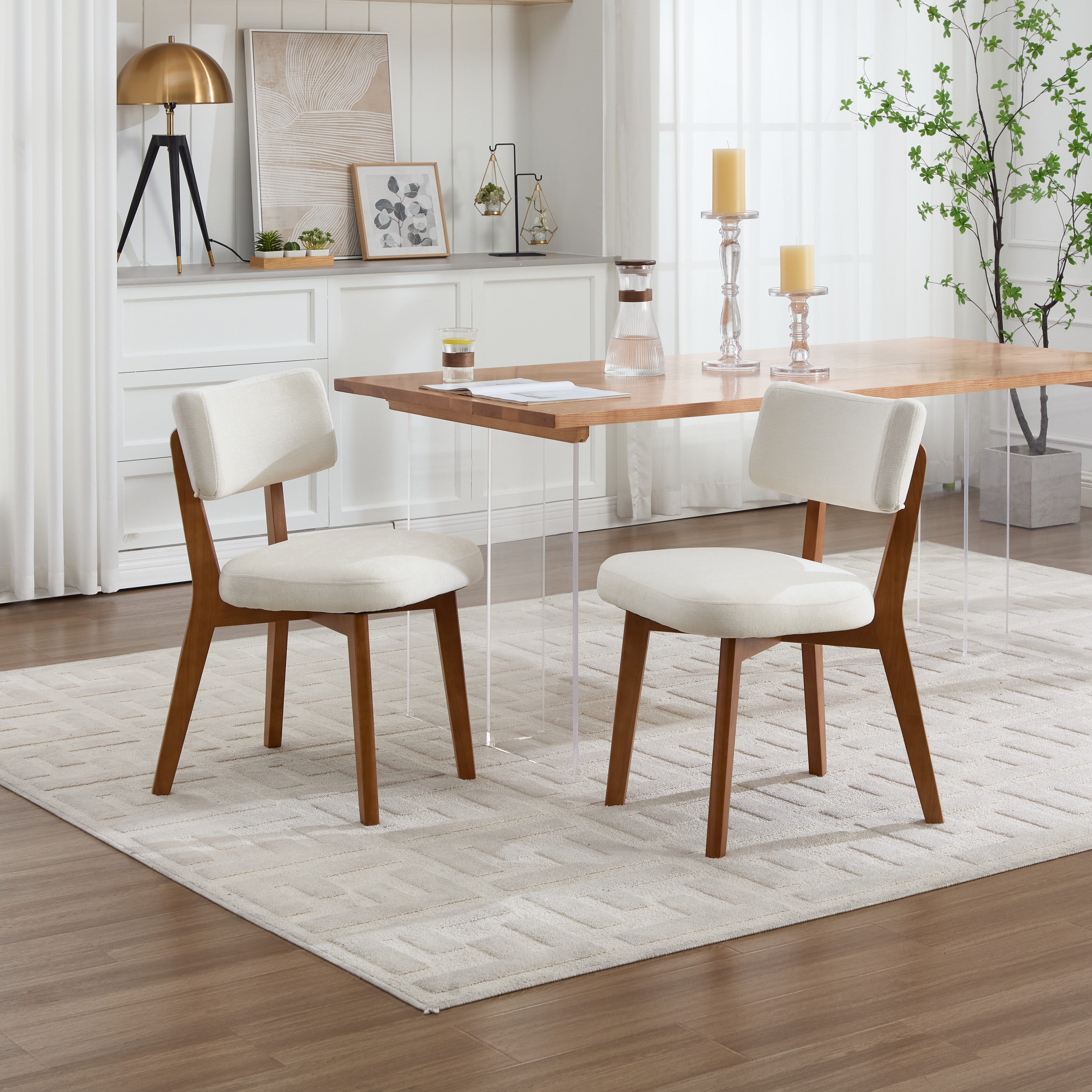 Modern Mid-Century Style Dining Chairs Set of 2, Solid Wood Legs, Fabric Upholstered Seat for Kitchen, Dining Room, or Office