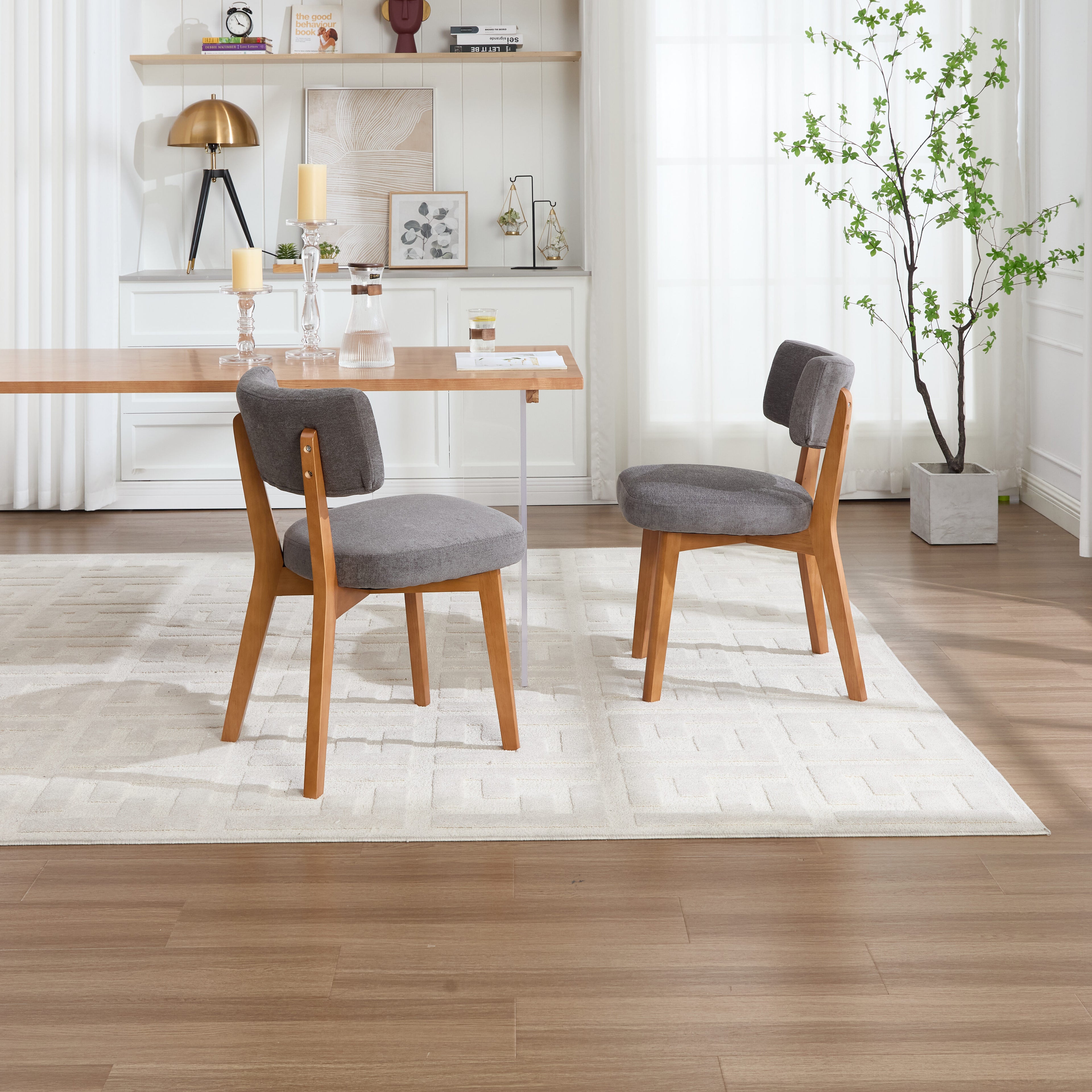 Modern Mid-Century Style Dining Chairs Set of 2, Solid Wood Legs, Fabric Upholstered Seat for Kitchen, Dining Room, or Office