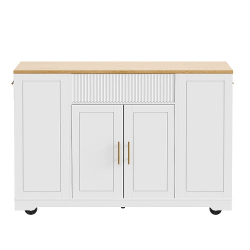 A white rolling utility cabinet with a light natural wood top, featuring two central doors with gold handles, a ribbed drawer front, and side cabinets, shown on a plain white background.