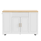 A white rolling utility cabinet with a light natural wood top, featuring two central doors with gold handles, a ribbed drawer front, and side cabinets, shown on a plain white background.