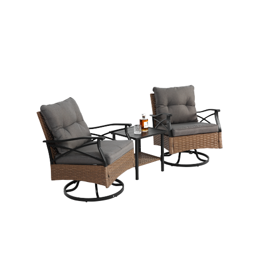 Outdoor swivel rocking chair set, 3 pieces, with 1 table and 2 rocking chairs, support 350 lbs, brown wicker outdoor furniture patio conversation set