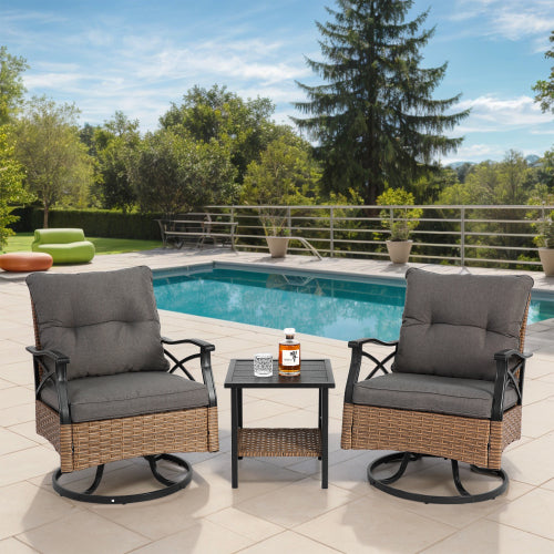 Outdoor swivel rocking chair set, 3 pieces, with 1 table and 2 rocking chairs, support 350 lbs, brown wicker outdoor furniture patio conversation set