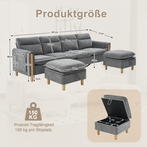Large U-shaped sofa set with two storage ottomans; modular four-seater sofa with wooden table legs; comfortable fabric sofa, ideal for the living room and family area