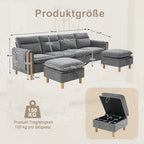 Large U-shaped sofa set with two storage ottomans; modular four-seater sofa with wooden table legs; comfortable fabric sofa, ideal for the living room and family area
