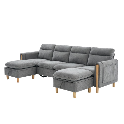 Large U-shaped sofa set with two storage ottomans; modular four-seater sofa with wooden table legs; comfortable fabric sofa, ideal for the living room and family area