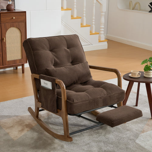 Modern rocking chair with footrest, corduroy baby armchair with side pockets, ergonomic leisure chair with lumbar cushion & adjustable backrest – suitable for living room, bedroom, and children's room (gray corduroy).