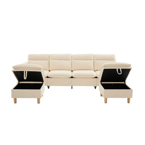 Large U-shaped sofa set with two storage ottomans; modular four-seater sofa with wooden table legs; comfortable fabric sofa, ideal for the living room and family area