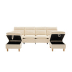 Large U-shaped sofa set with two storage ottomans; modular four-seater sofa with wooden table legs; comfortable fabric sofa, ideal for the living room and family area