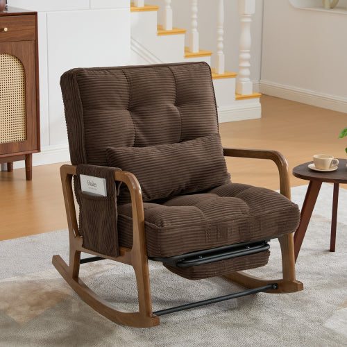 Modern rocking chair with footrest, corduroy baby armchair with side pockets, ergonomic leisure chair with lumbar cushion & adjustable backrest – suitable for living room, bedroom, and children's room (gray corduroy).