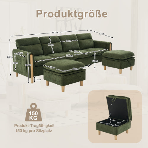 Large U-shaped sofa set with two storage ottomans; modular four-seater sofa with wooden table legs; comfortable fabric sofa, ideal for the living room and family area